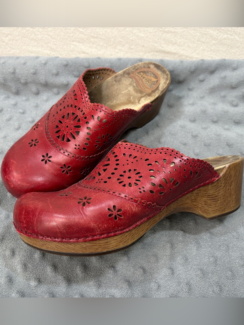 Dansko Red Leather Floral Perforated Clogs